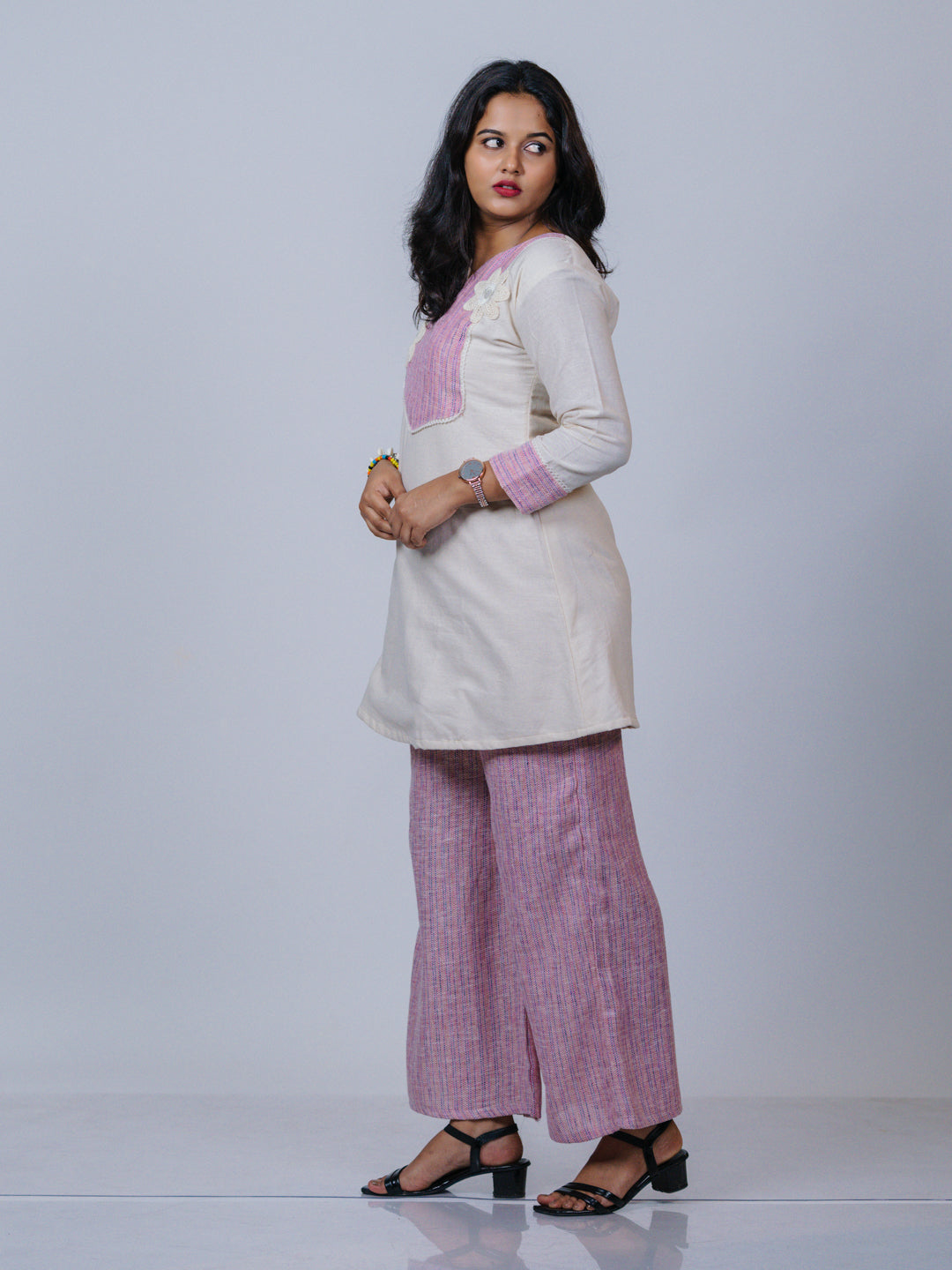 Off-White & Pink Khadi Cotton Co-ord Set