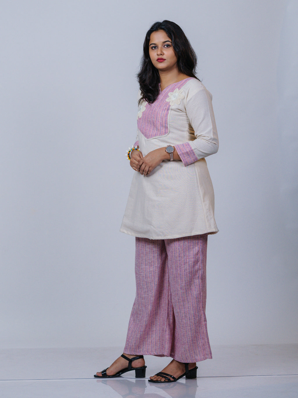 Off-White & Pink Khadi Cotton Co-ord Set