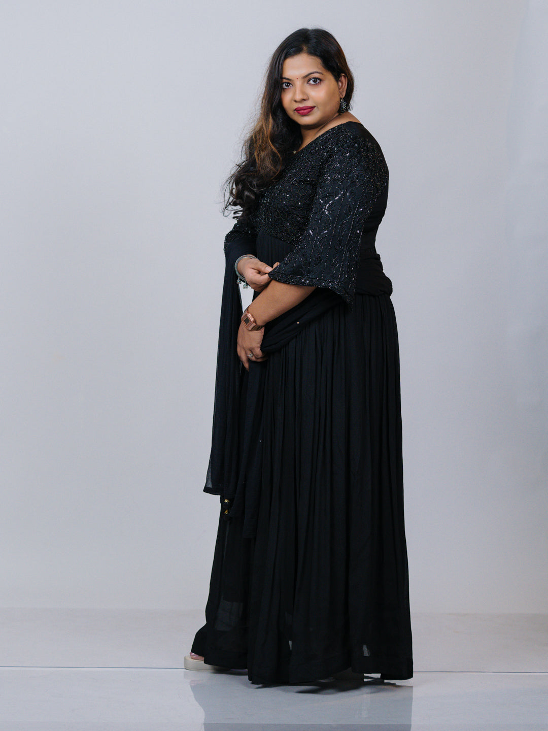 Black Georgette Embellished Gown Set