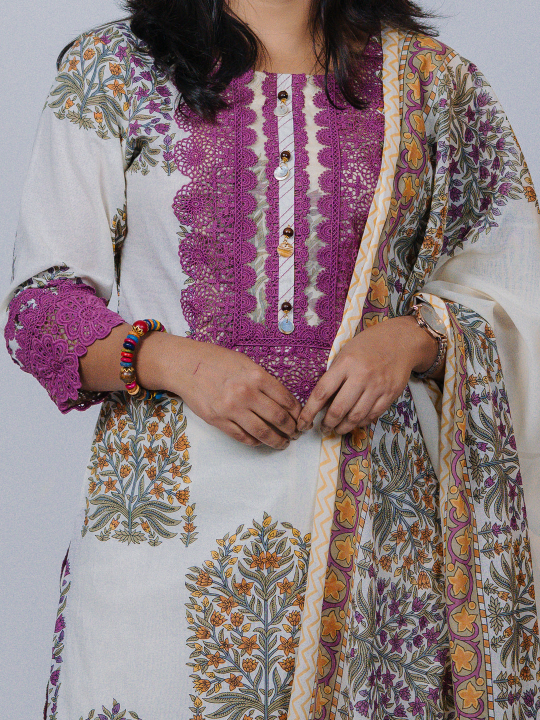 Pure Cotton Printed Flora Lace Detailed Suit Set