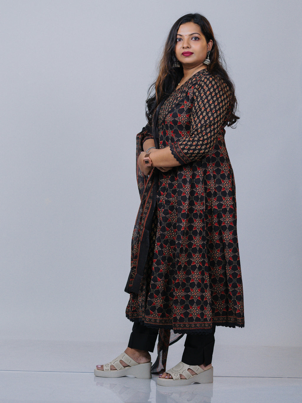 Maroon & Black Pure Cotton Front Slit Suit Set