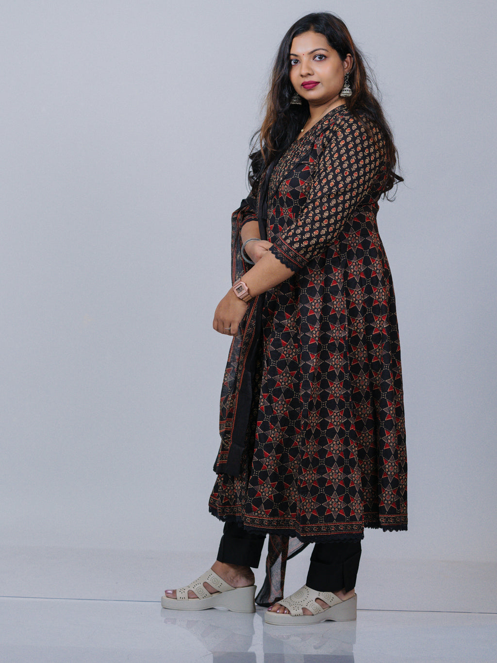 Maroon & Black Pure Cotton Front Slit Suit Set