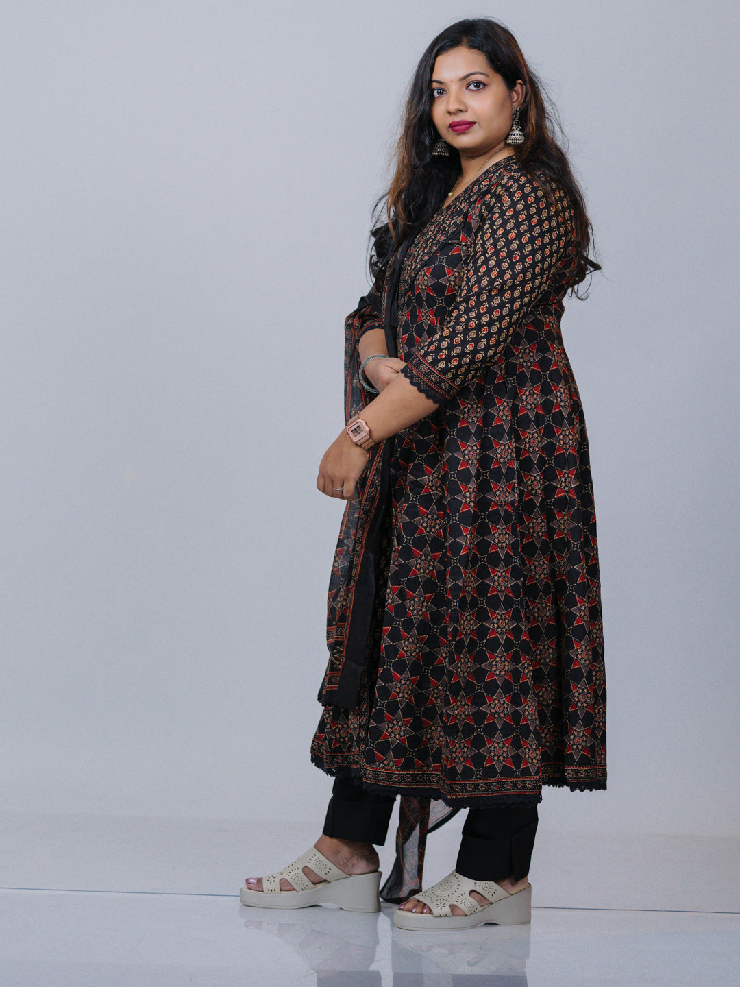 Maroon & Black Pure Cotton Front Slit Suit Set