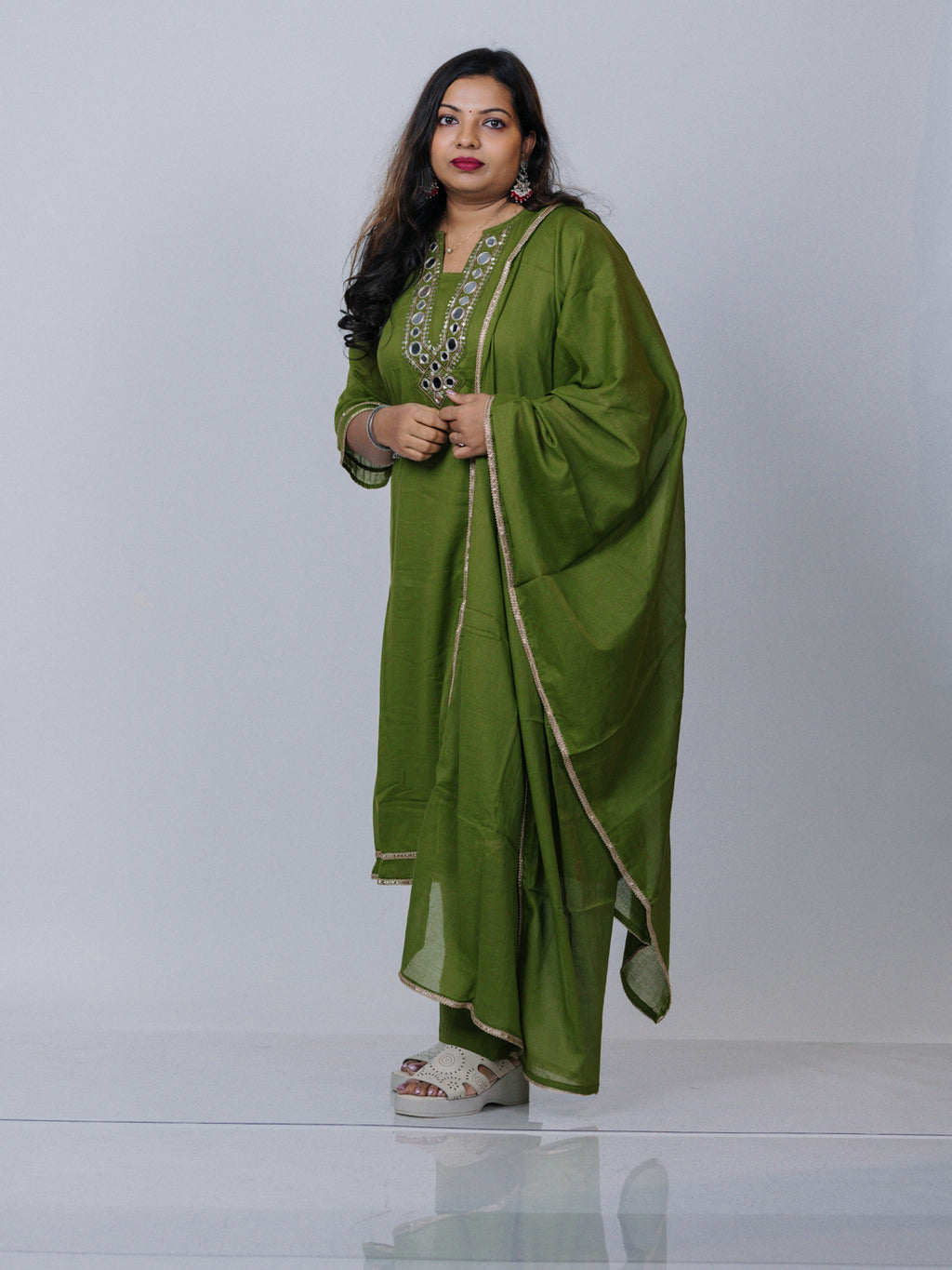 Olive Green Mirror Work Kurta Set