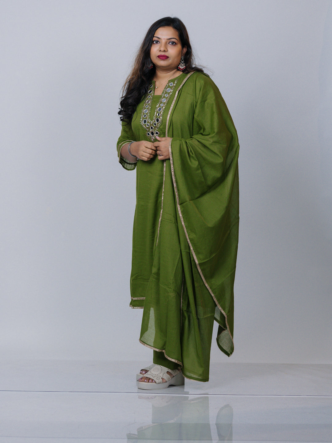 Olive Green Mirror Work Kurta Set