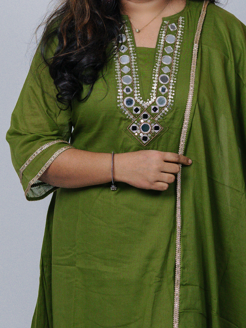 Olive Green Mirror Work Kurta Set
