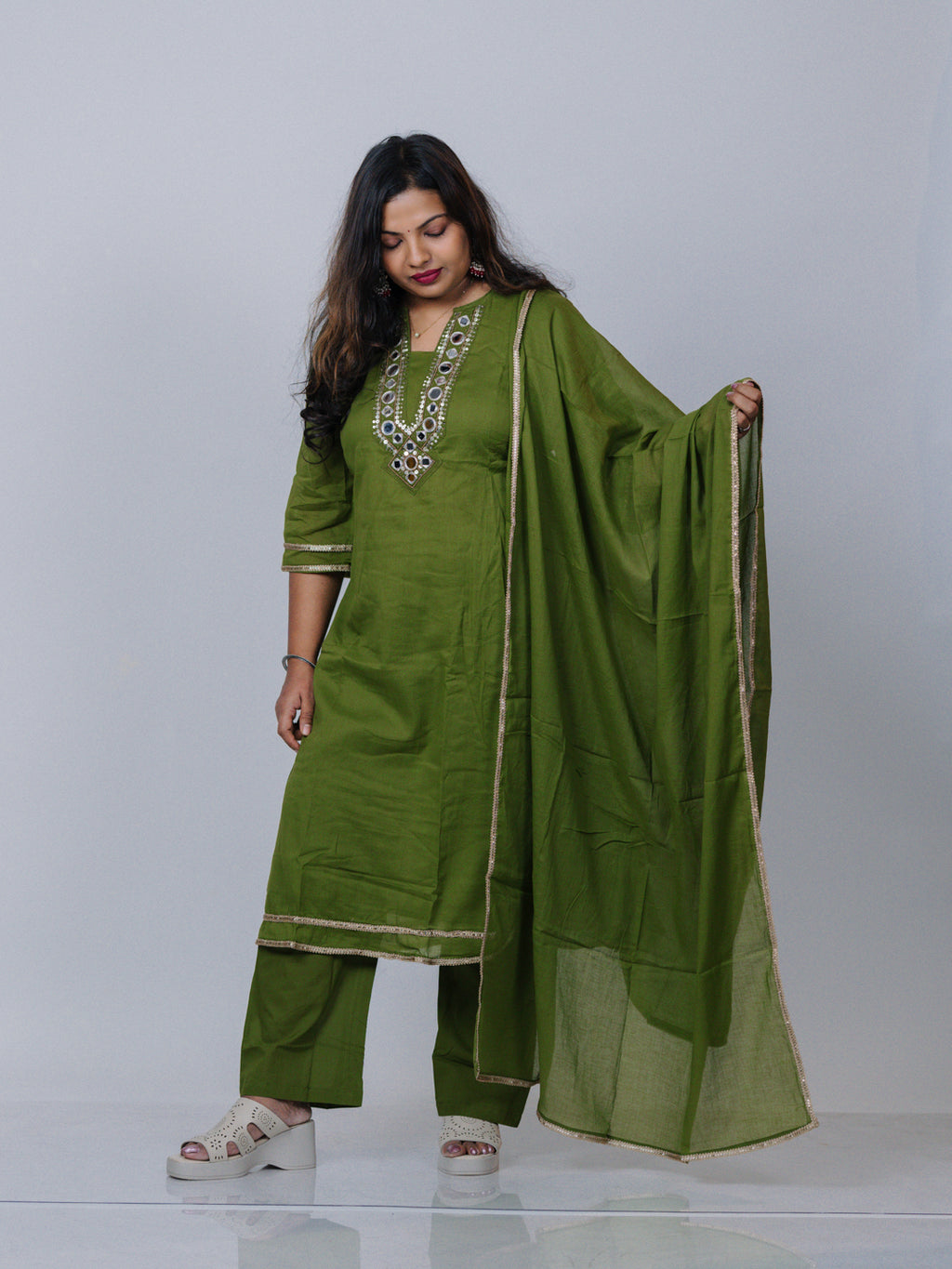 Olive Green Mirror Work Kurta Set
