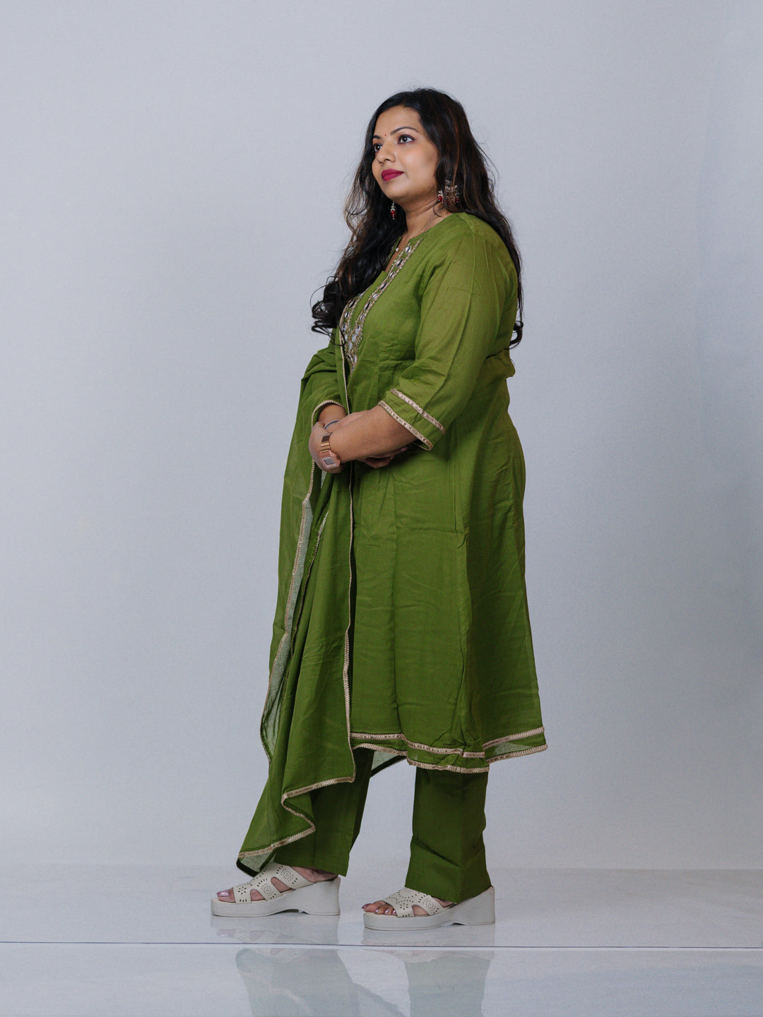 Olive Green Mirror Work Kurta Set