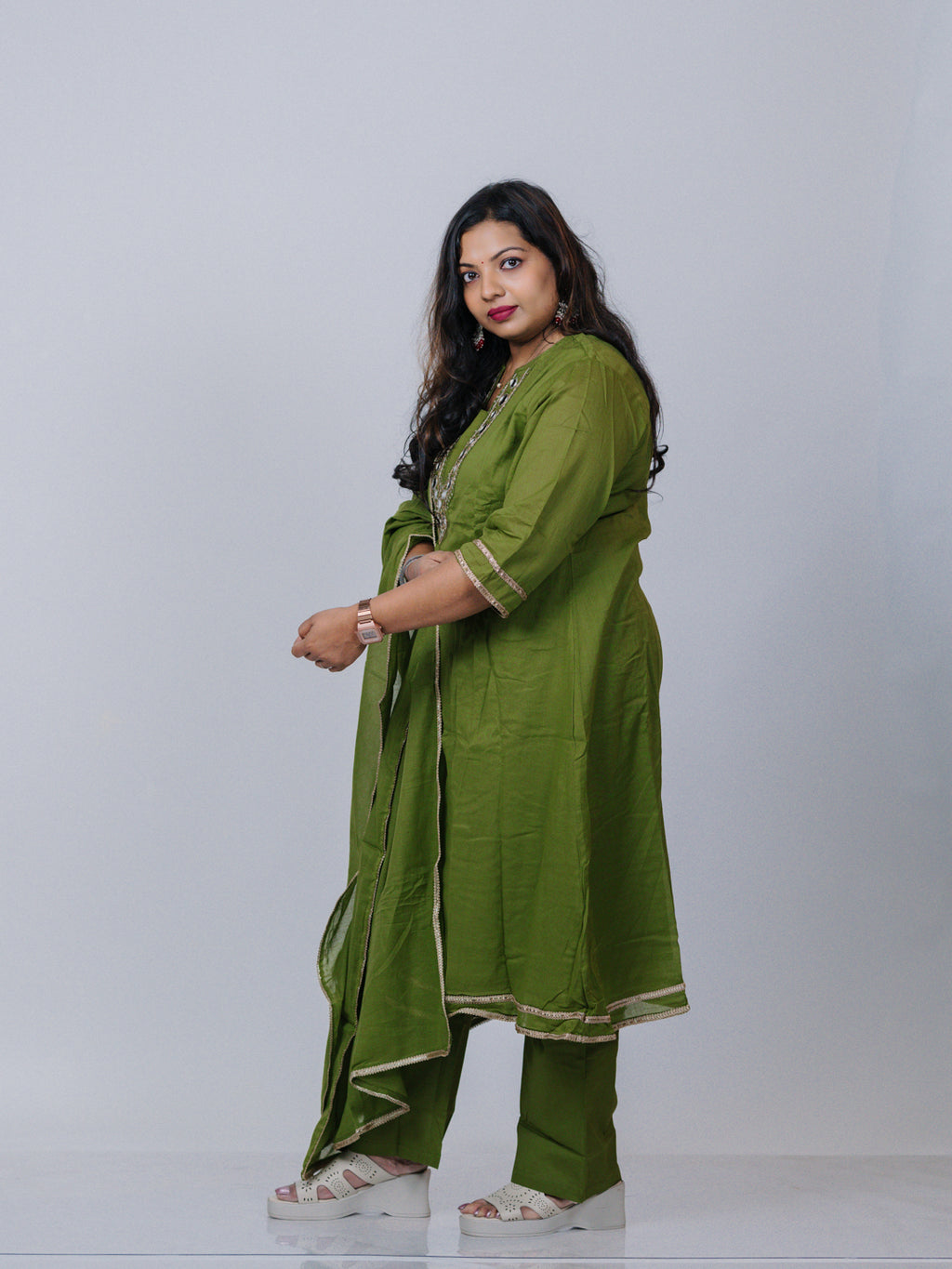 Olive Green Mirror Work Kurta Set