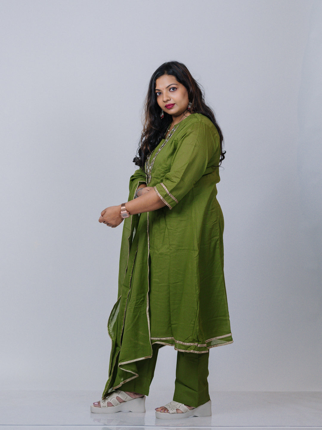 Olive Green Mirror Work Kurta Set