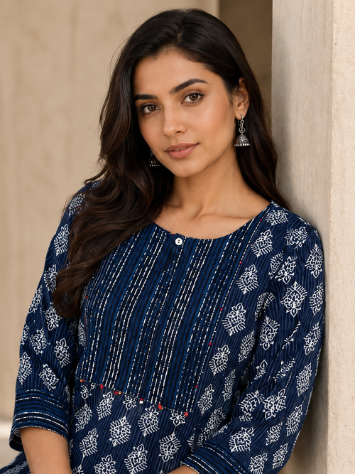 Blue Cotton Block Print Kurta