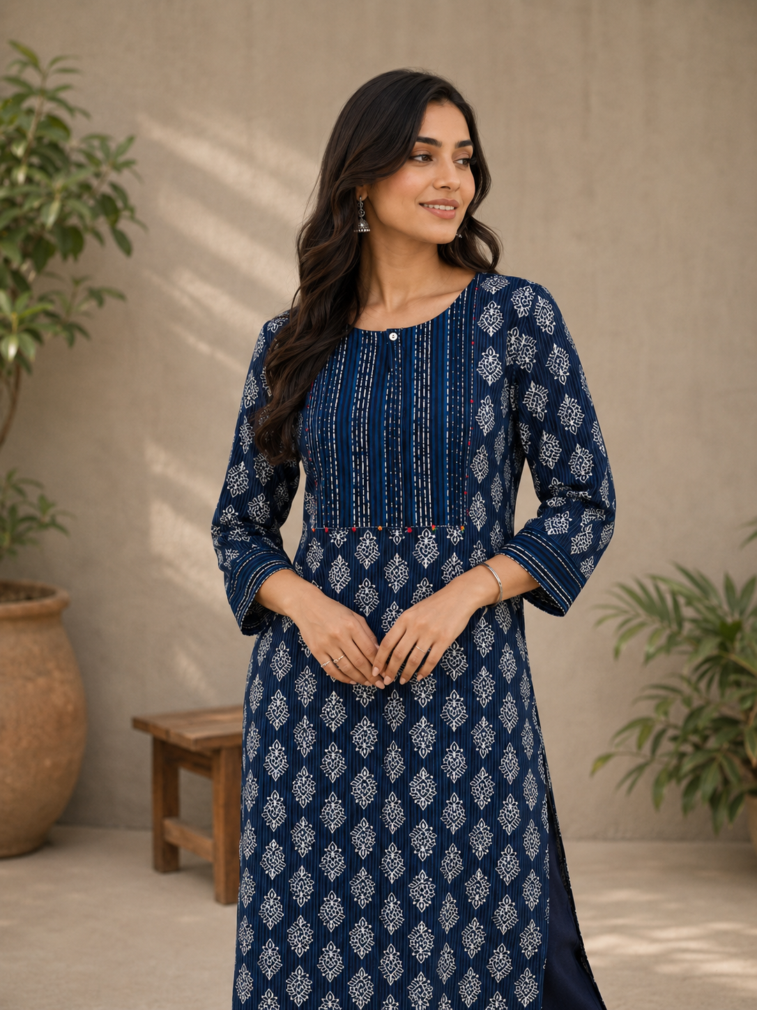 Blue Cotton Block Print Kurta
