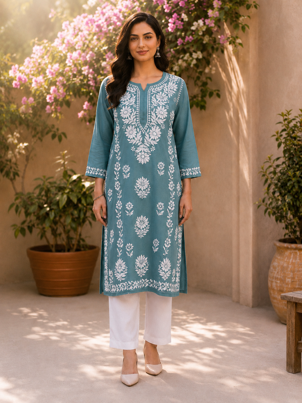 Aqua Blue Modal Handmade Chikankari Kurta