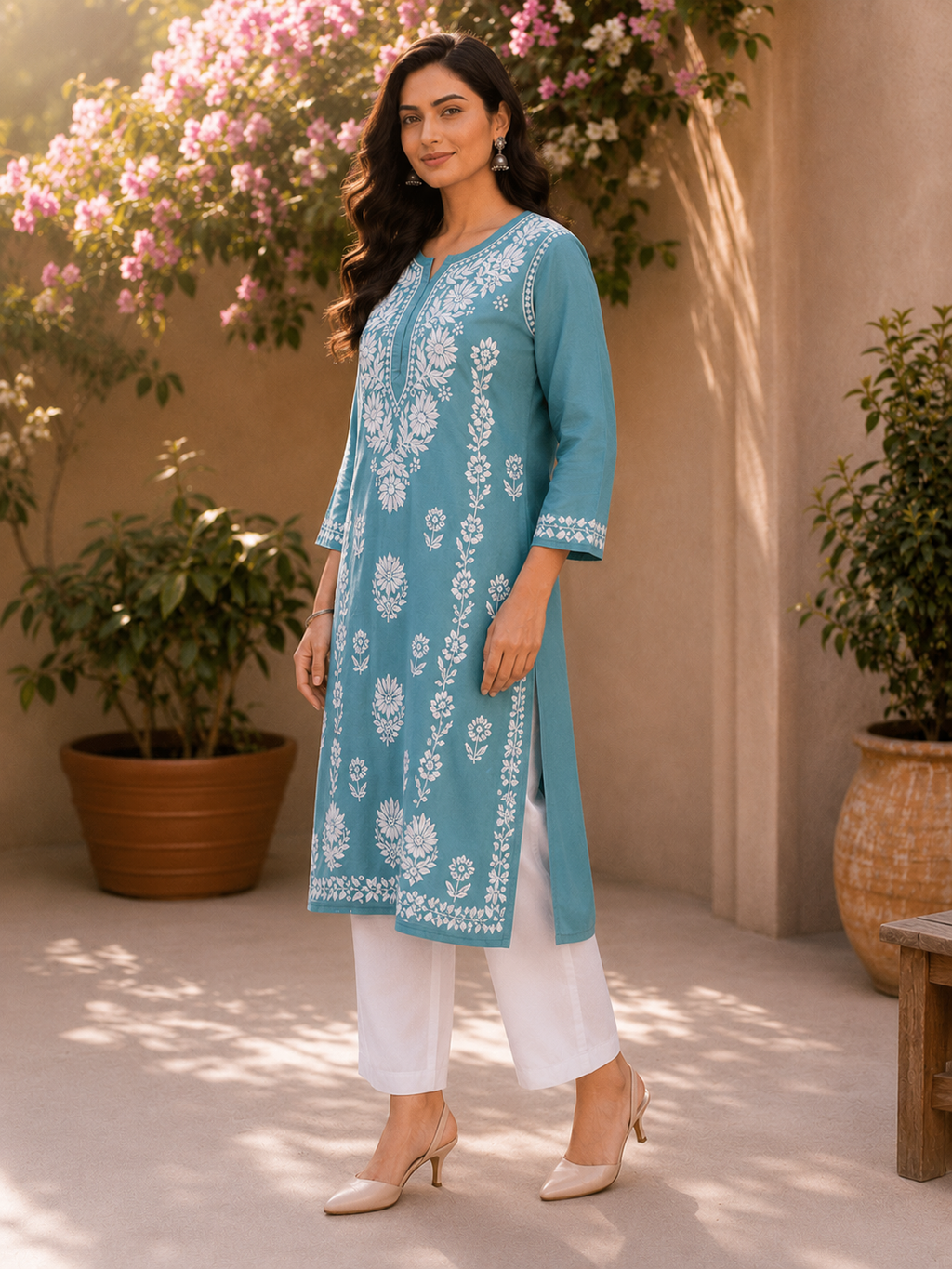 Aqua Blue Modal Handmade Chikankari Kurta