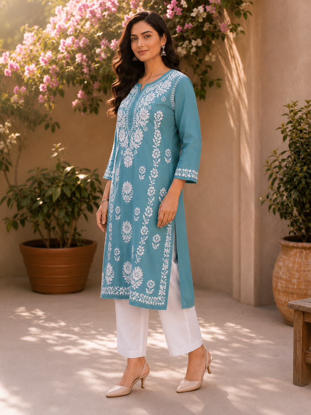 Aqua Blue Modal Handmade Chikankari Kurta