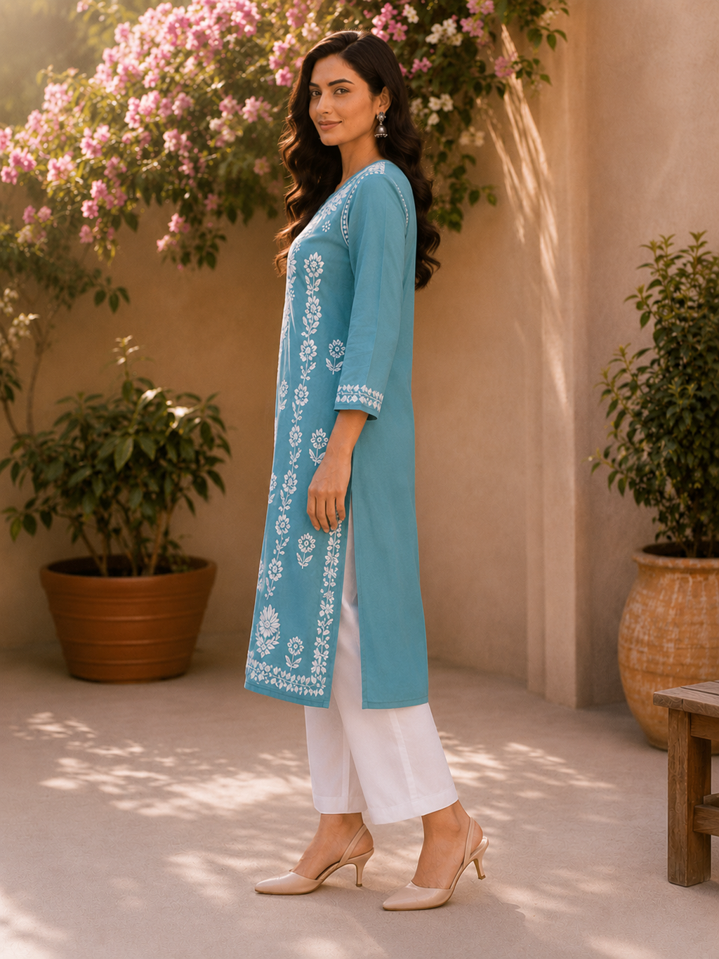 Aqua Blue Modal Handmade Chikankari Kurta