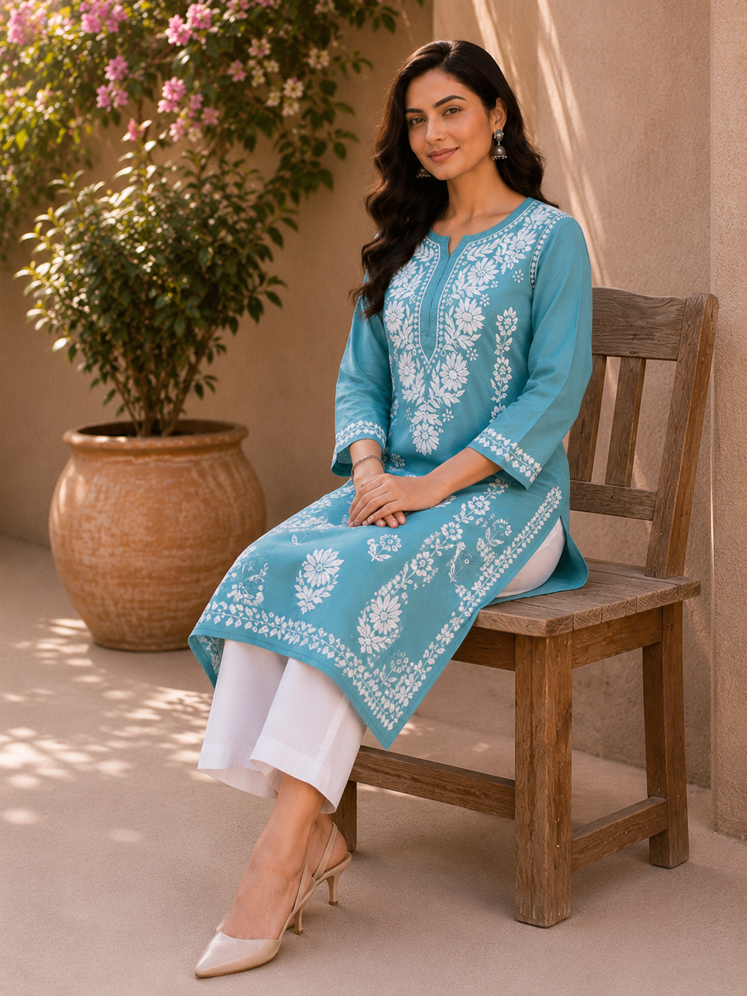 Aqua Blue Modal Handmade Chikankari Kurta