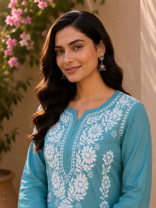 Aqua Blue Modal Handmade Chikankari Kurta