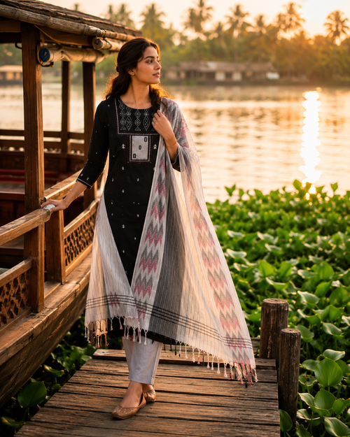 Black Embroidred Kurta & Pants with Ikat Patterned Dupatta