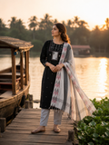 Black Embroidred Kurta & Pants with Ikat Patterned Dupatta